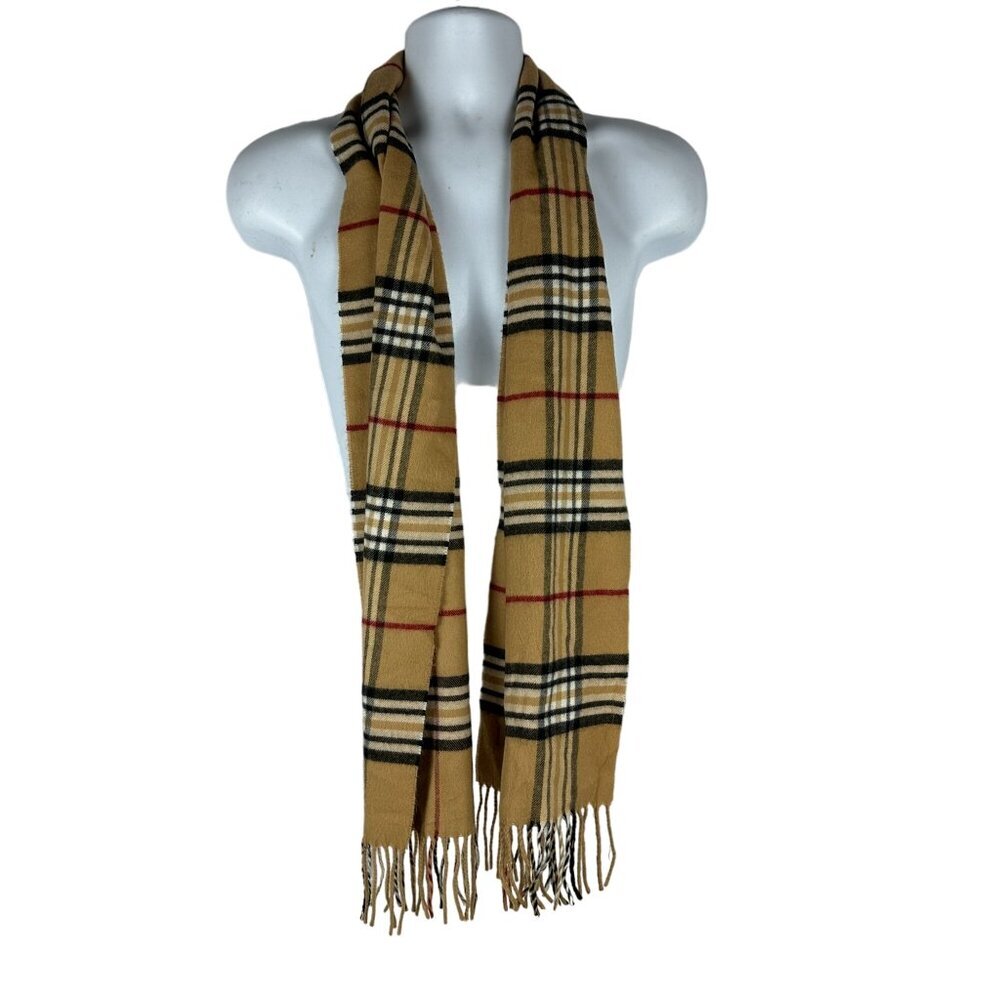 Preston & York Mens Vintage  Plaid Scarf Tan Black Red Fringe 100% Acrylic